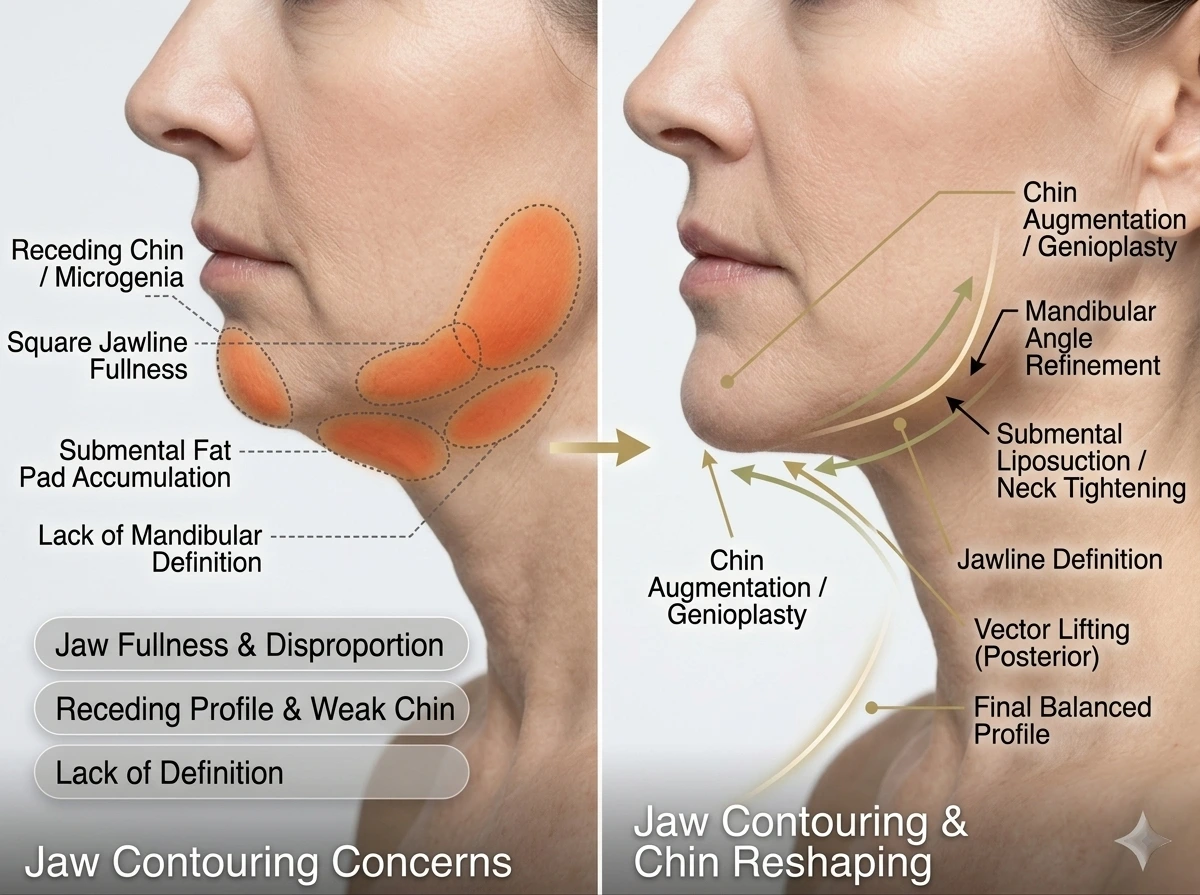 Jaw contouring vs jaw reduction medical illustration comparing chin augmentation, mandibular refinement, submental liposuction and jawline definition