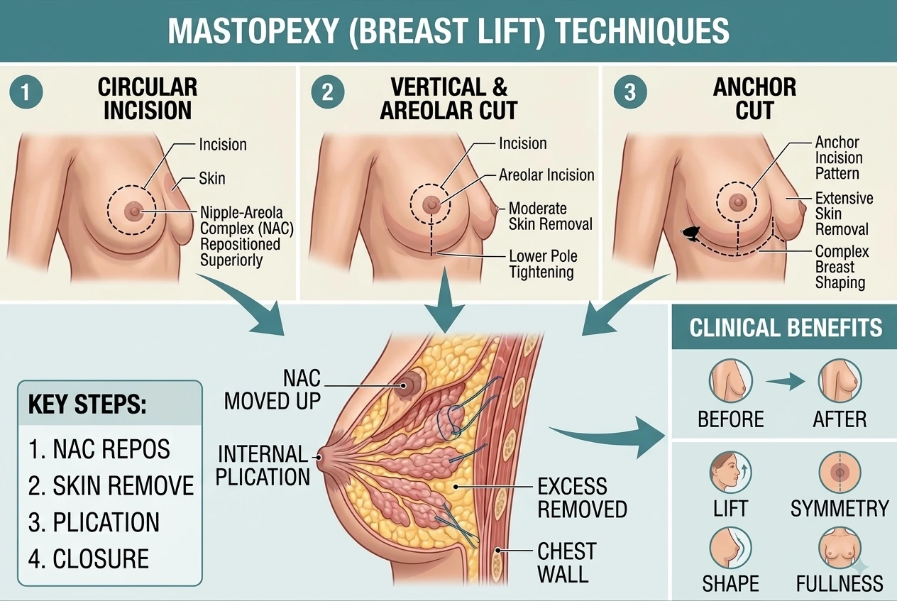 mastopexy techniques explained — Breast lift and mastopexy surgical planning illustration for incision patterns, tissue reshaping and recovery