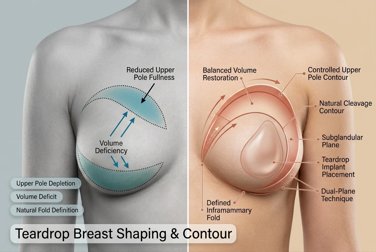 Educational teardrop breast shaping illustration showing volume distribution and possible implant pocket positions