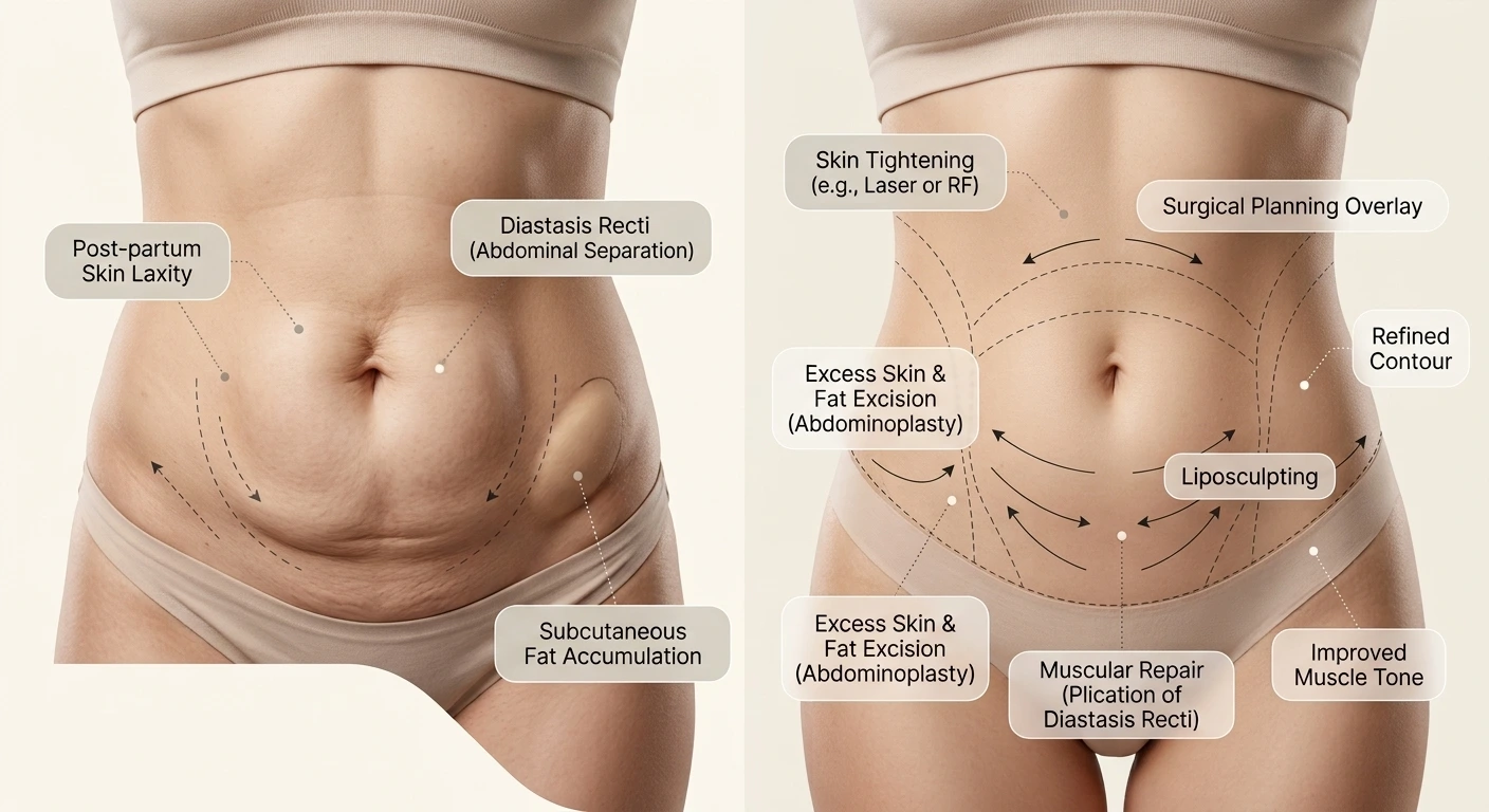 Educational Mommy Makeover medical illustration showing individualized breast, abdominal and body-contouring planning