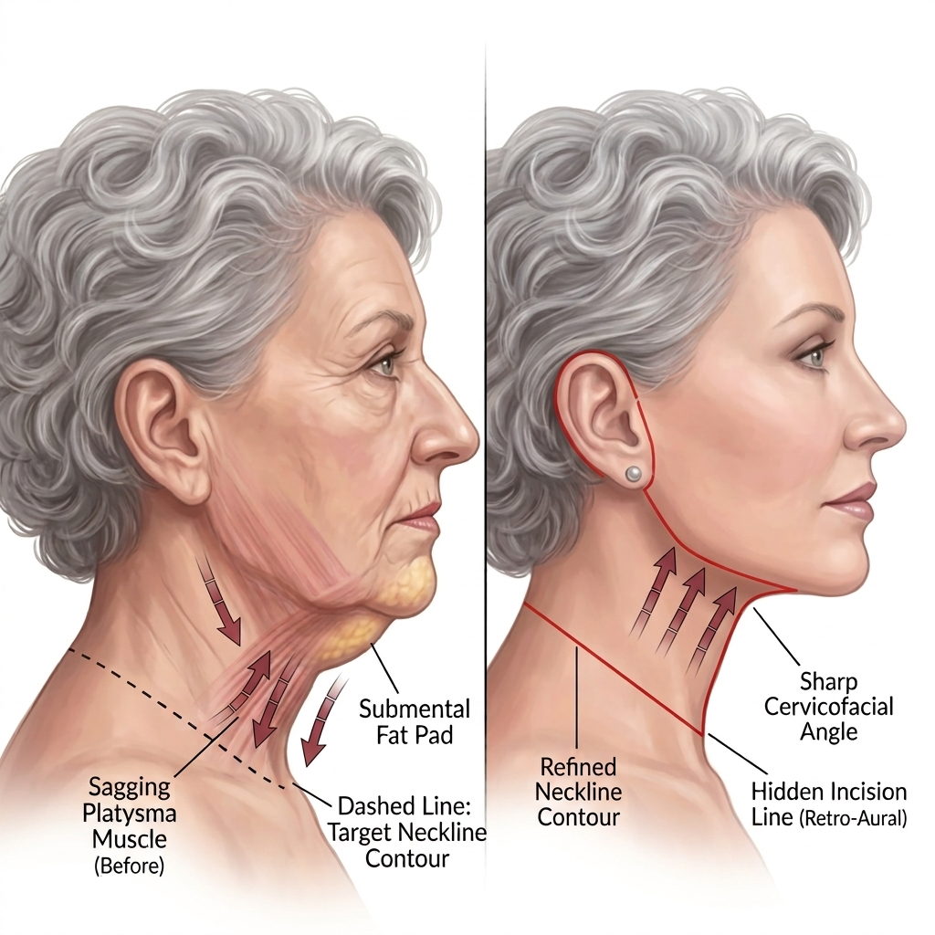 Neck lift Dubai educational illustration of the jawline and neck with upward arrows and dashed contour markings
