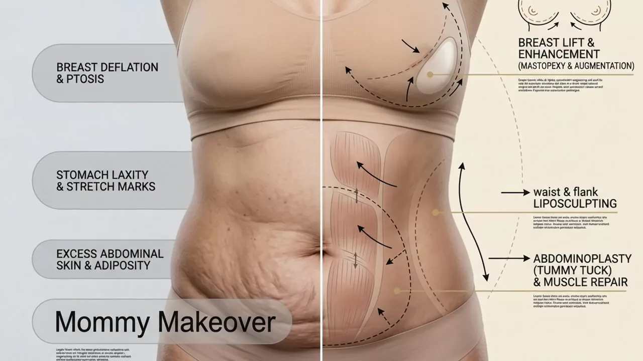 Educational Mommy Makeover medical illustration showing individualized breast, abdominal and body-contouring planning